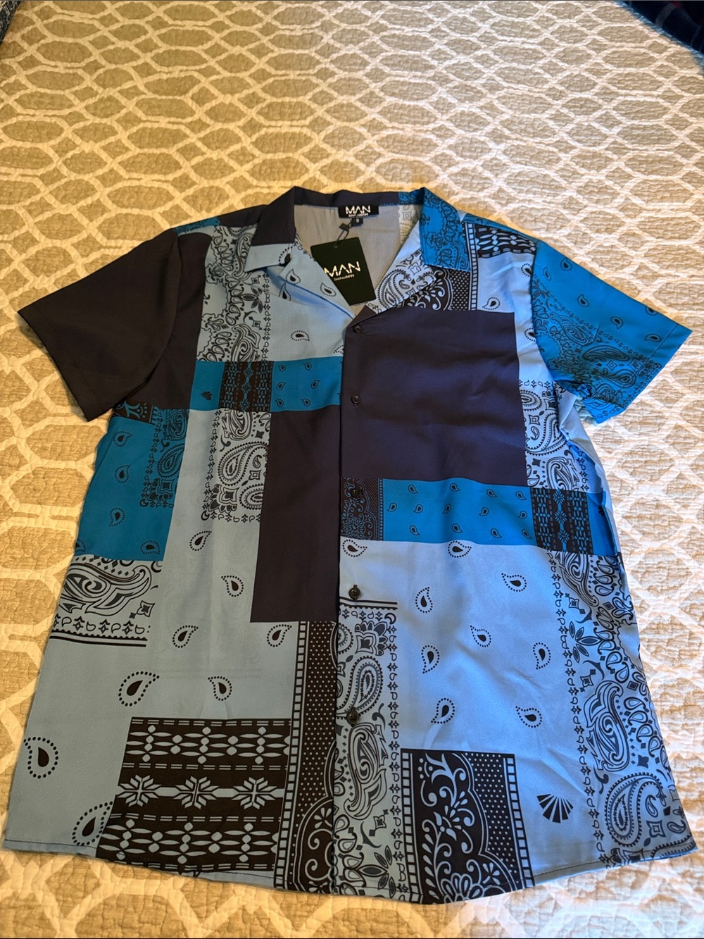 BoohooMan Collection Blue Patchwork Paisley Button-Down Shirt